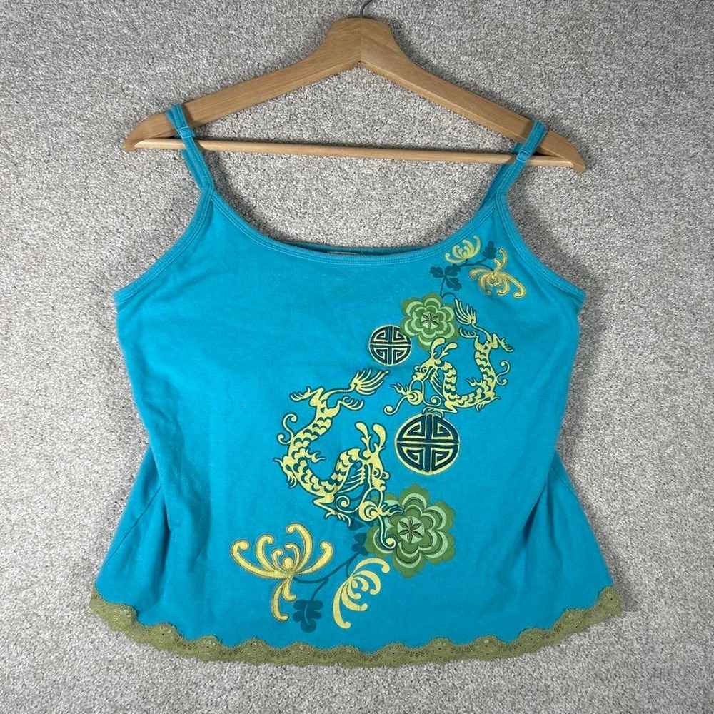 Women's Y2K Lucky Brand blue dragon babydoll style tank top Size XL